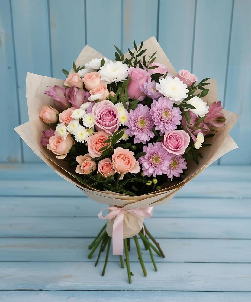 Букет цветов из: Хризантемы, Розы и Альстромерии в Баранчинский