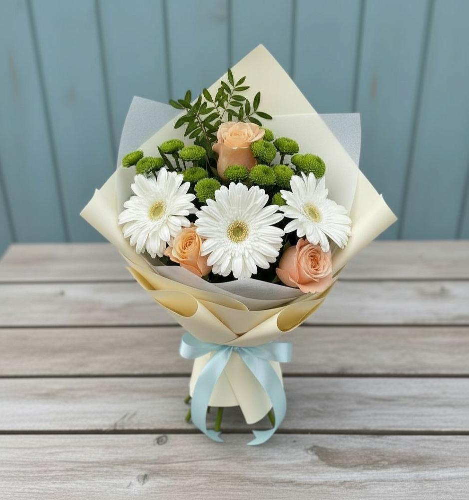 Букет цветов из: Герберы, Розы и Хризантемы в Баранчинский