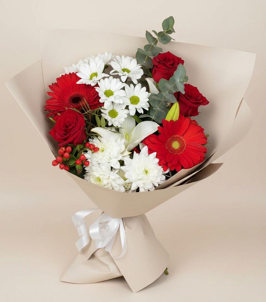 Букет цветов из: Розы, Хризантемы, Герберы и Лилии в Баранчинский