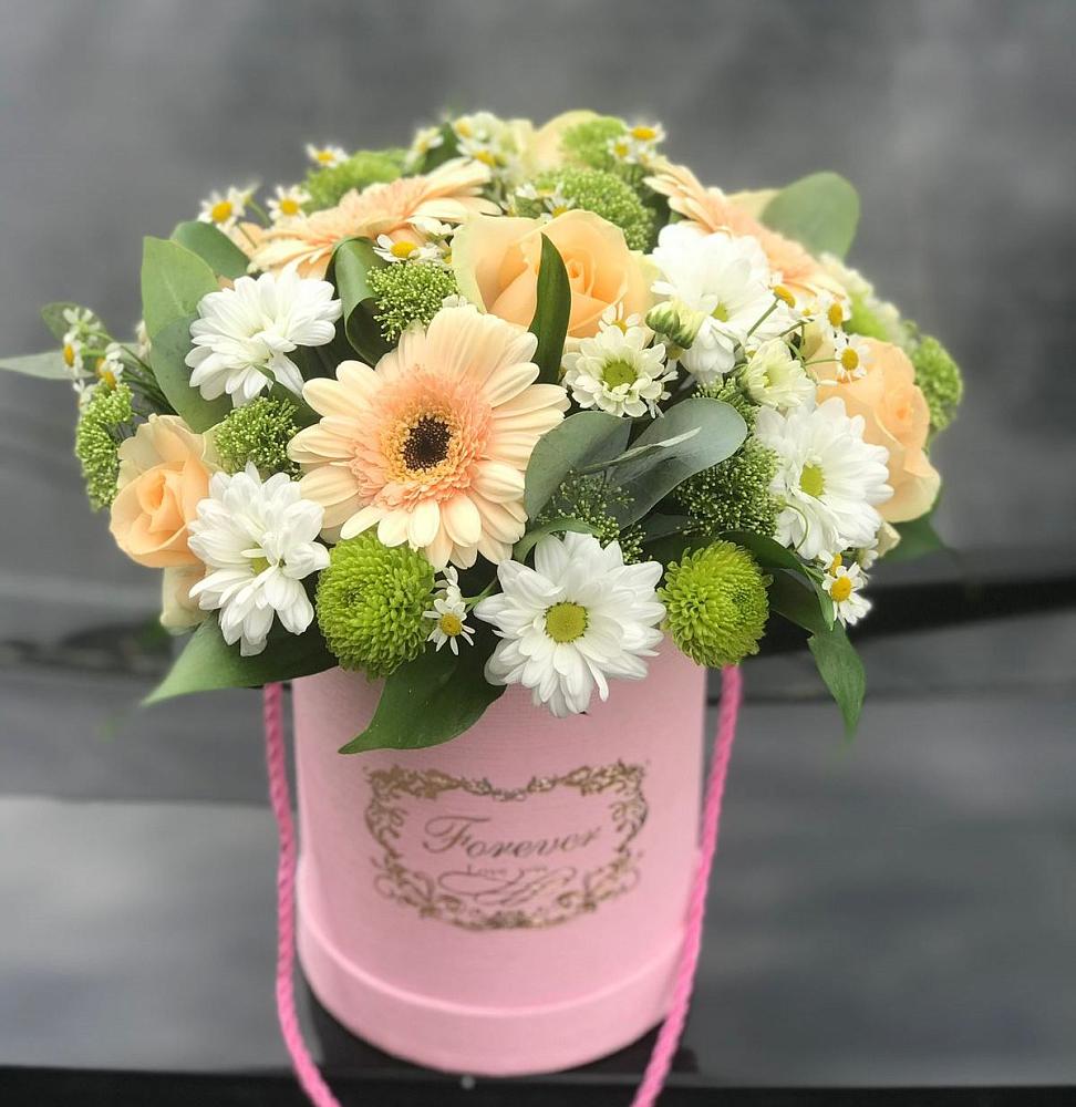 Цветочная композиция из Розы, Герберы и Хризантемы в шляпной коробке в Баранчинский