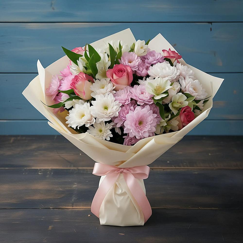 Букет цветов из: Хризантемы, Альстромерии и Розы в Баранчинский